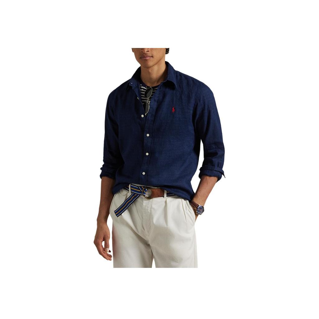 Polo Ralph Lauren Linen Solid Wide Collar Long Sleeve Shirt Classic Fit Men Shirts Dark-Blue MNPOWOV16824374-410
