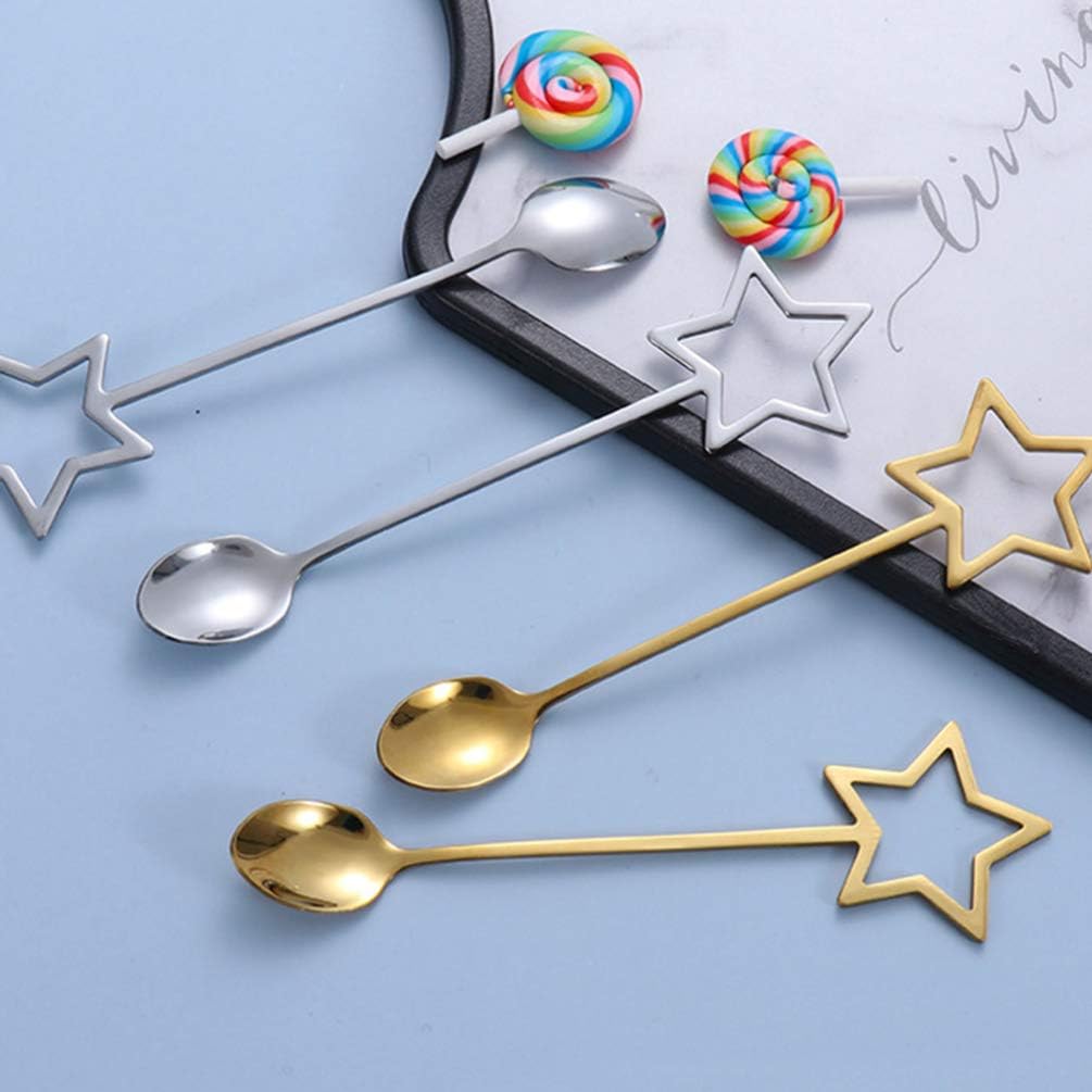 Hemoton Five-Pointed Star Dessert Spoon Set Stainless Steel Gold Coffee Tea Ice Cream Spoons 5.7 Inch Star Handle Flatware for Kitchen Dining