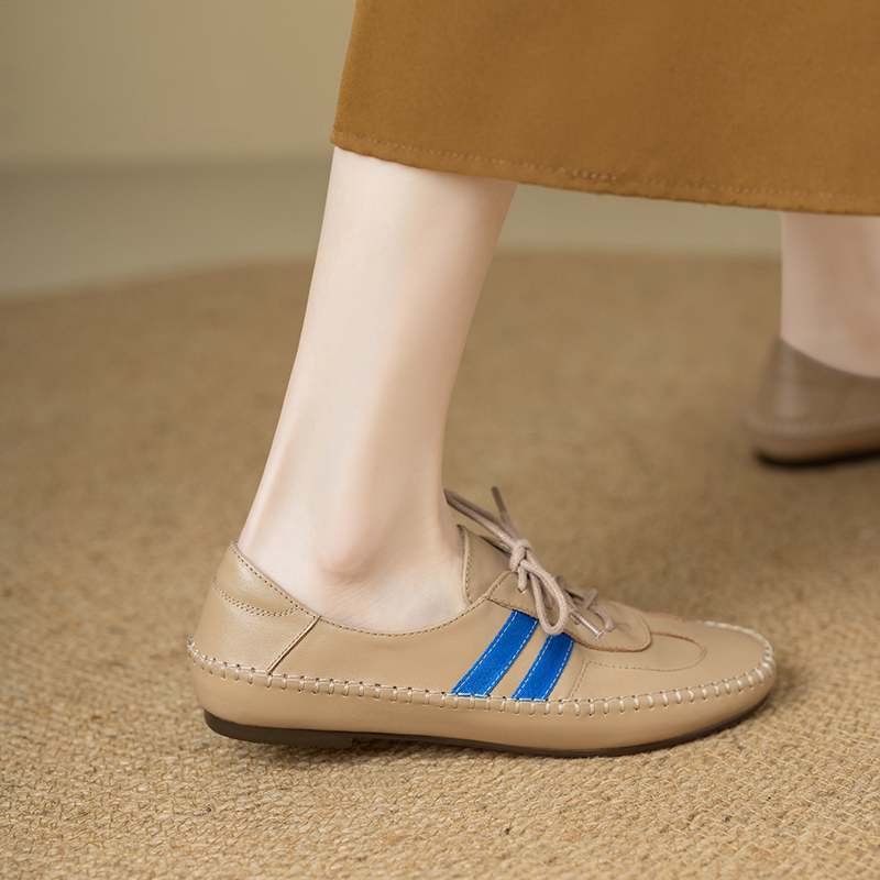 Krazing Pot Cow Skin Round Toe Size 43 Flat with Fashion Lace Up Leisure Handmade Comfortable Light Autumn Sneakers