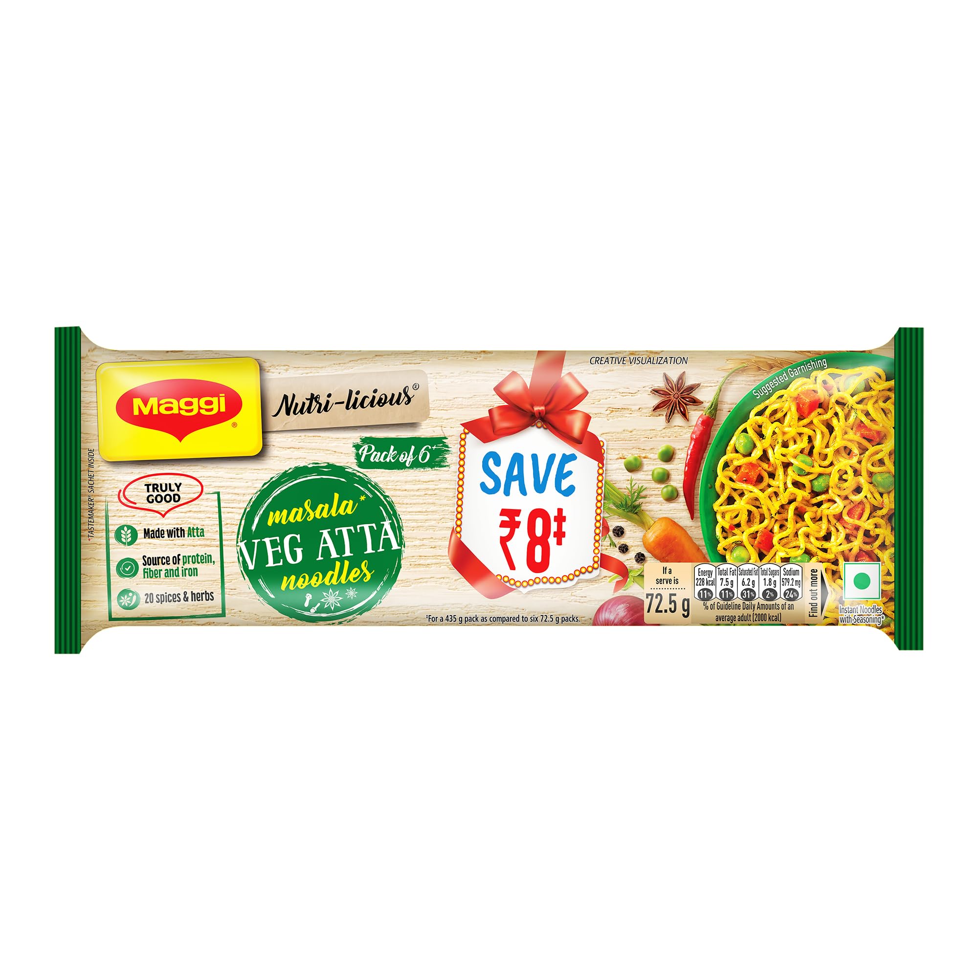 

MAGGI Nutri-Licious Veg Atta Masala Noodles, Instant Noodles with 20 Spices & Herbs, Source Of Fibre & Iron, Atta Noodles with Appetizing A