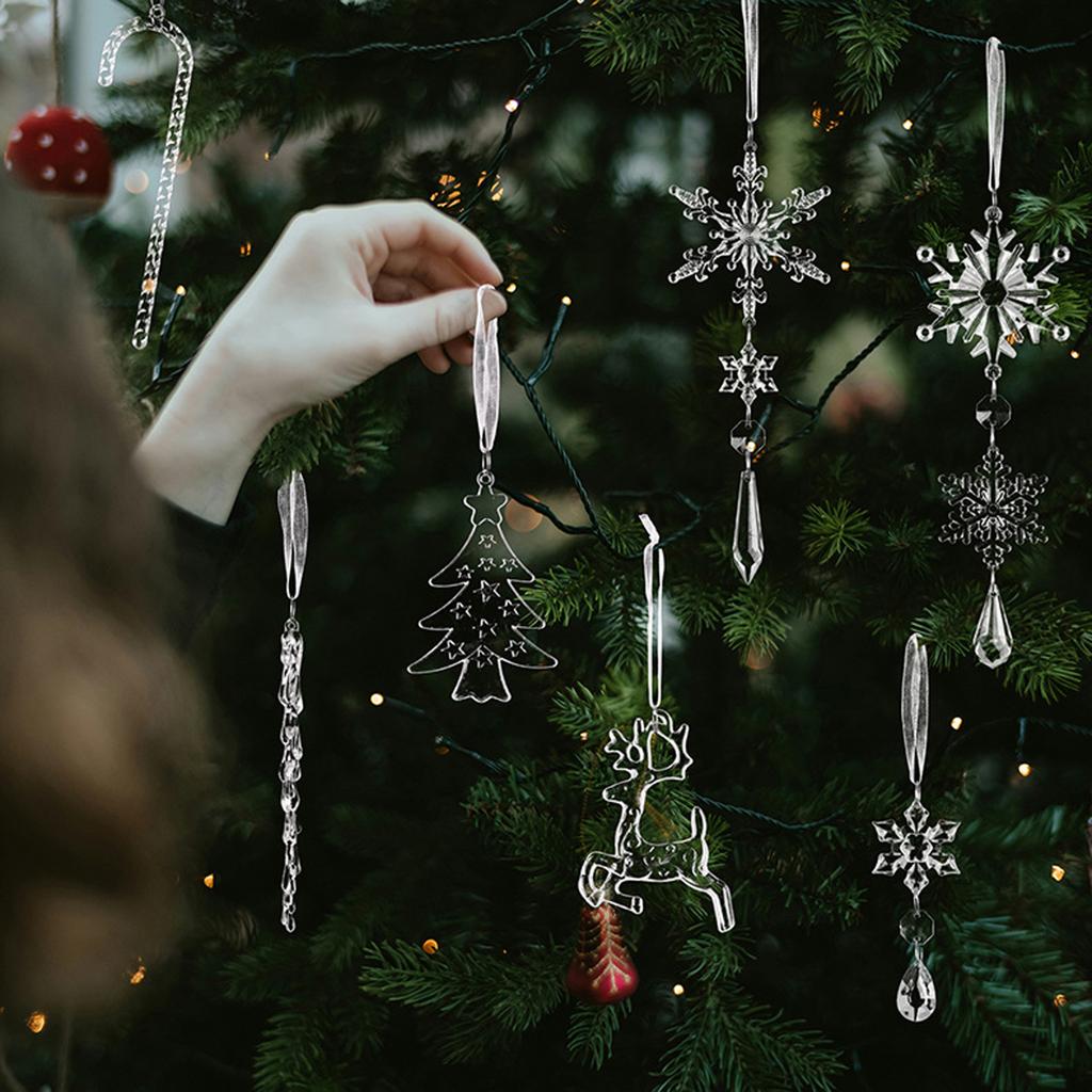 2D Christmas Decoration Pendant Christmas Ice Bar Transparent Snowflake Ice Edge Acrylic Fake Ice Picks Christmas Tree Decoration 14PCS