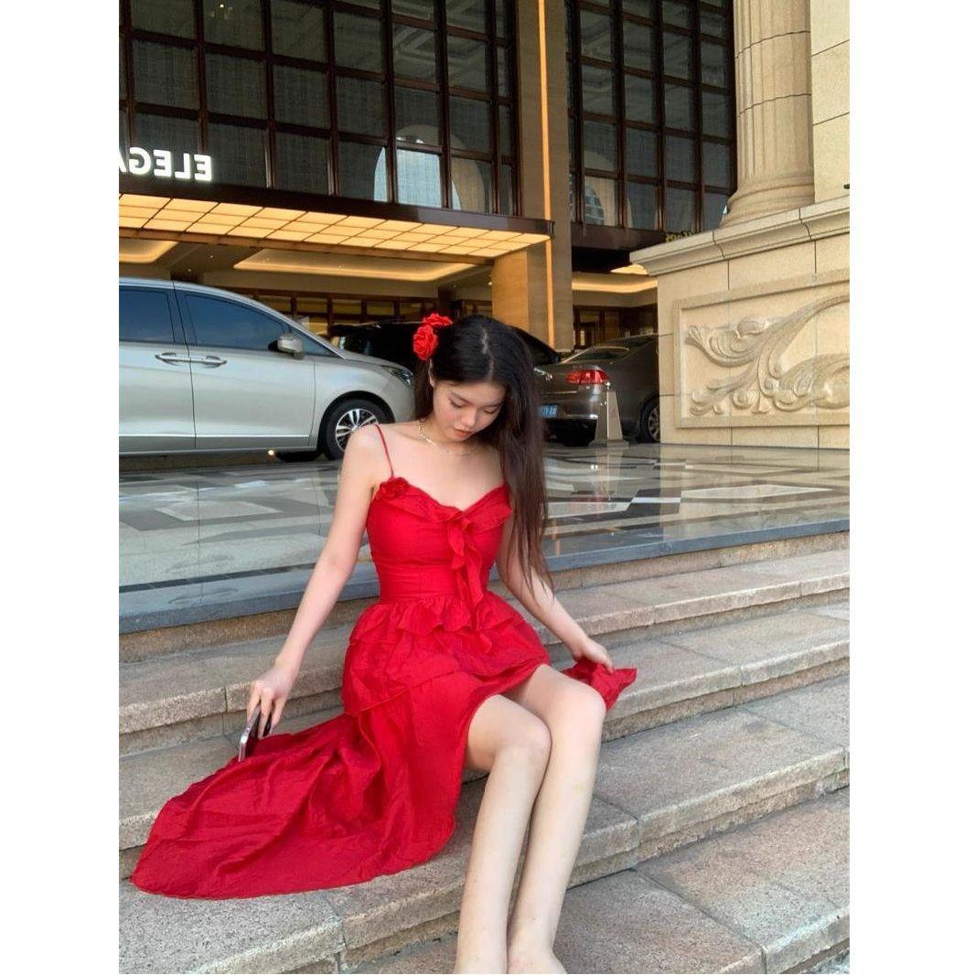 

French romantic atmosphere Spice girl slim red suspender dress women s summer pure desire irregular waist dress XXL червоний