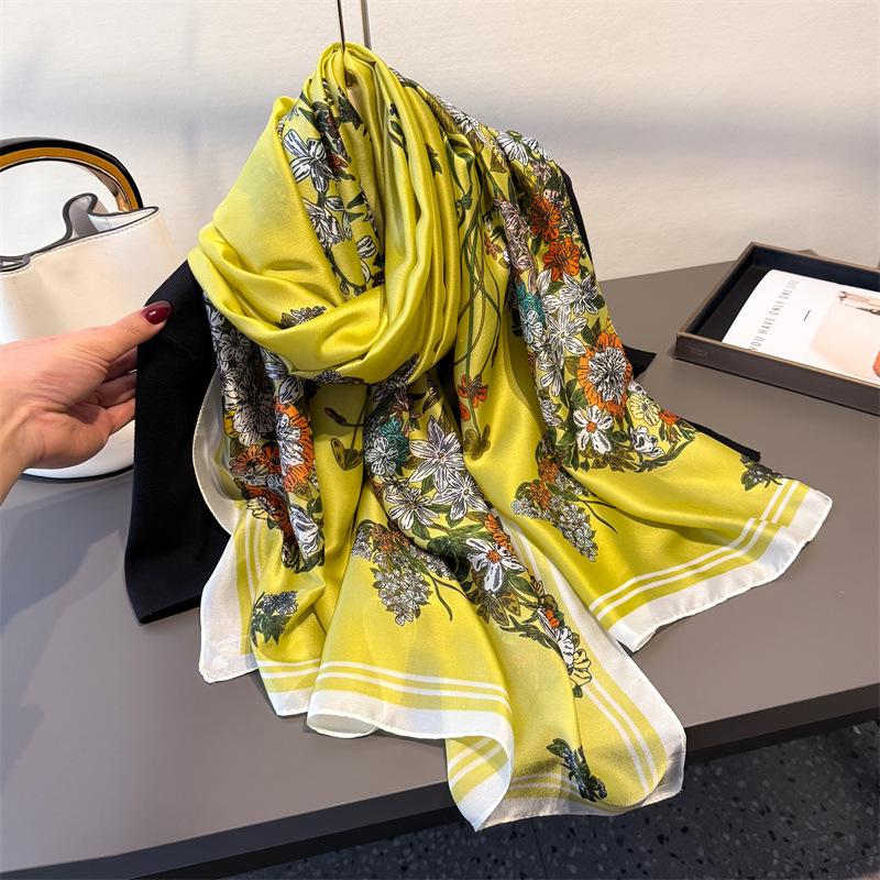 Spring Summer Thin Printed Faux Silk Sun Protection Butterfly Silk Scarf Long Shawl 2025 New Women 180x80cm Scarves Headscarf