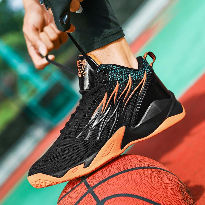 

New breathable fly-woven rubber basketball shoes, casual high-top teen couple non-slip sneakers 45