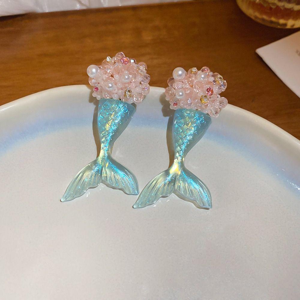 Cute Fishtail Drop Earrings Pearl Beach Style Earrings Translucent Mermaid Resin Earrings  Beach