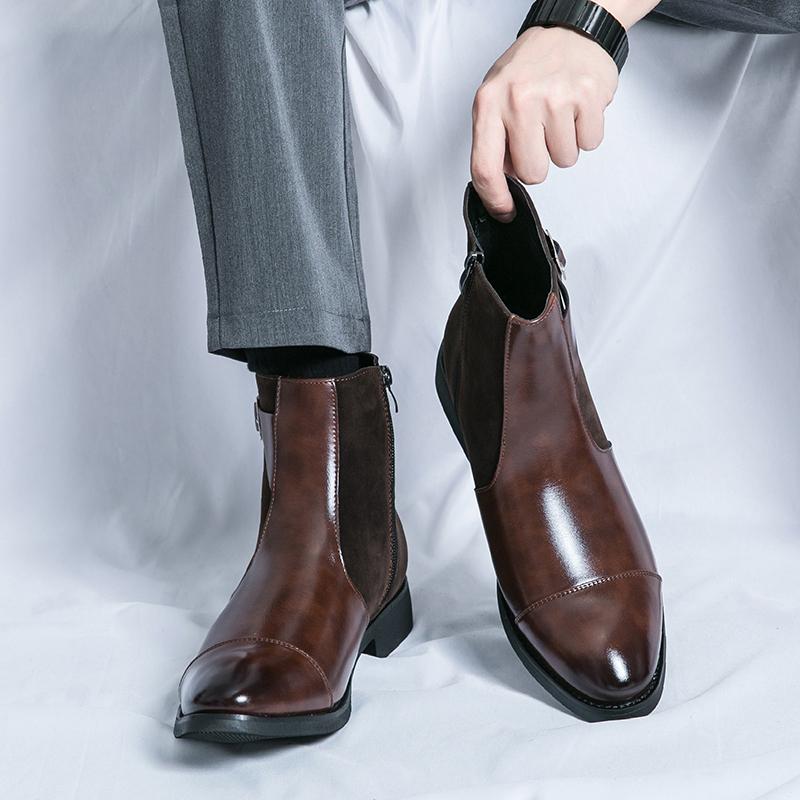 Fashion Brand Fashion Color Blocked Pointed Men Boots Leather Shoes Autumn New Collection Comfortable Side Zipper High Top Leather Boots
