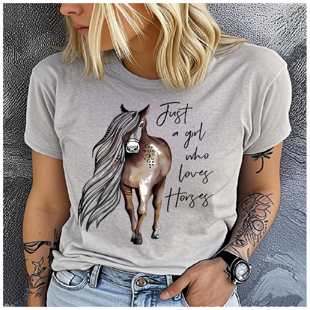 Unisex 100% Polyester Summer Top Just a Girl Who Loves Horses Print Loose Round Neck Short Sleeve Fashion for Lovers