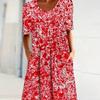 Spring and Summer Floral Print Crew Neck Pocket Women's Fashion Casual Crew Neck Trend Print Medium and Long Dress