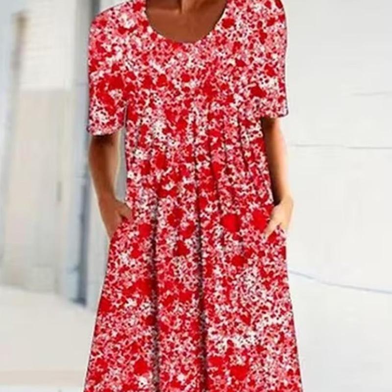 Spring and Summer Floral Print Crew Neck Pocket Women's Fashion Casual Crew Neck Trend Print Medium and Long Dress