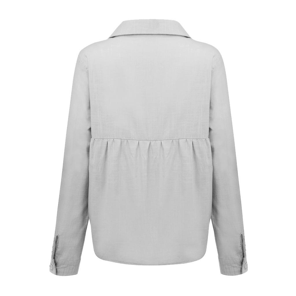 Nowe letnie damskie bluzki w jednolitym kolorze z klapą na guziki Casual luźna z długim rękawem lniany Top bluzki damskie biały top Blusas Mujer
