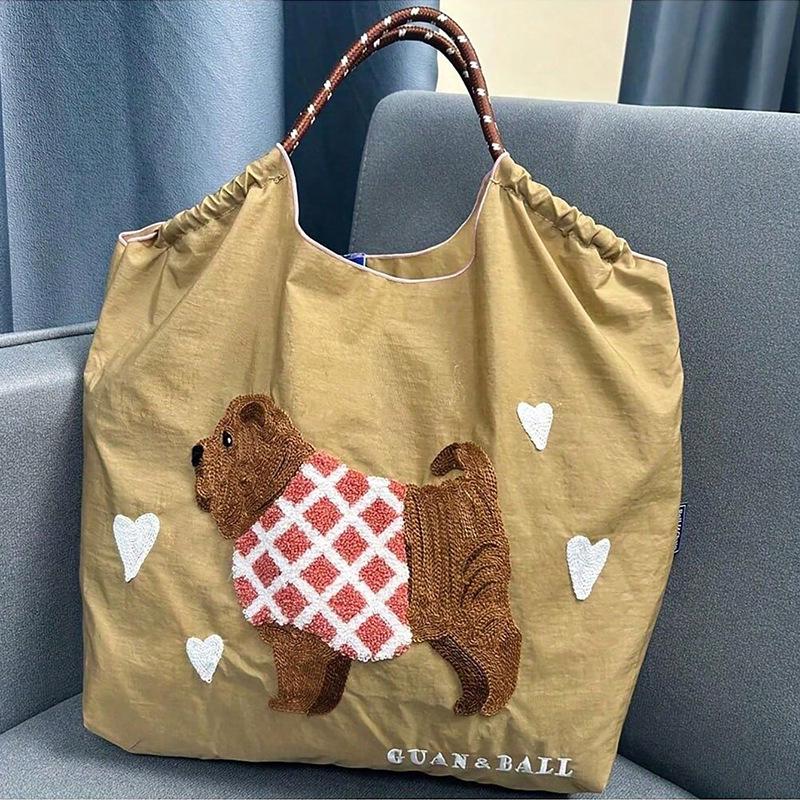 Bolso Tote y Bandolera de Lona con Bordado de Chenilla de Dibujos Animados Bonitos de Gran Capacidad - Ecológico, Perfecto para Salidas y Compras