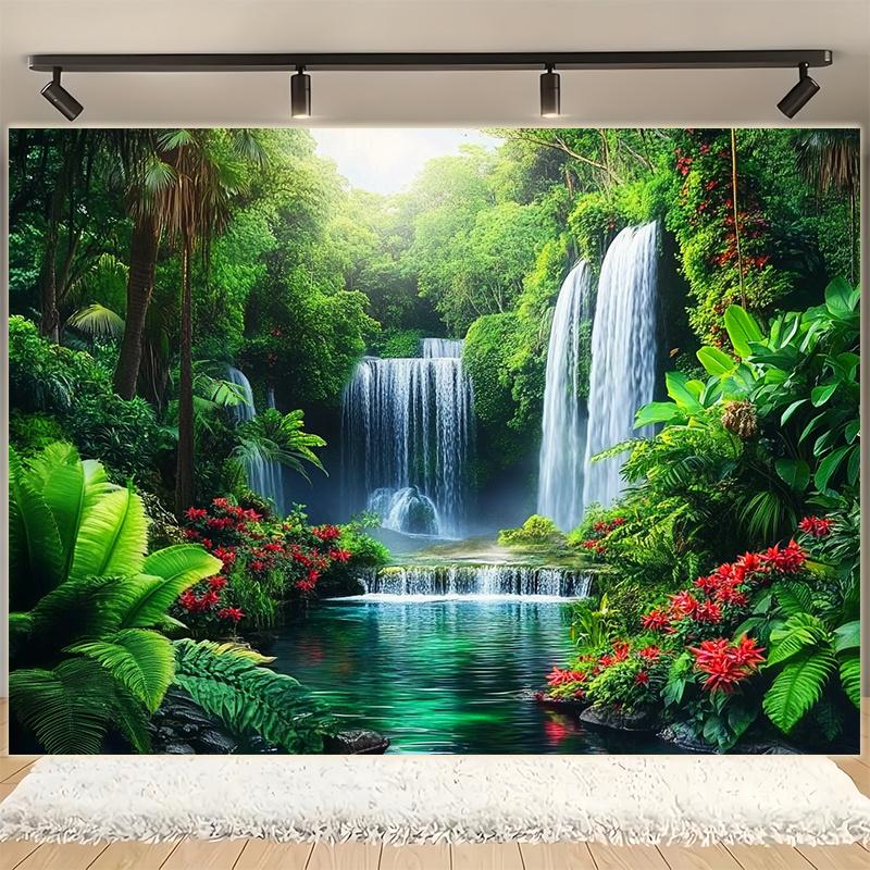1 Tropical Waterfall and Floral Landscape Wall Hanging - Vibrant natural scene with lush greens reds