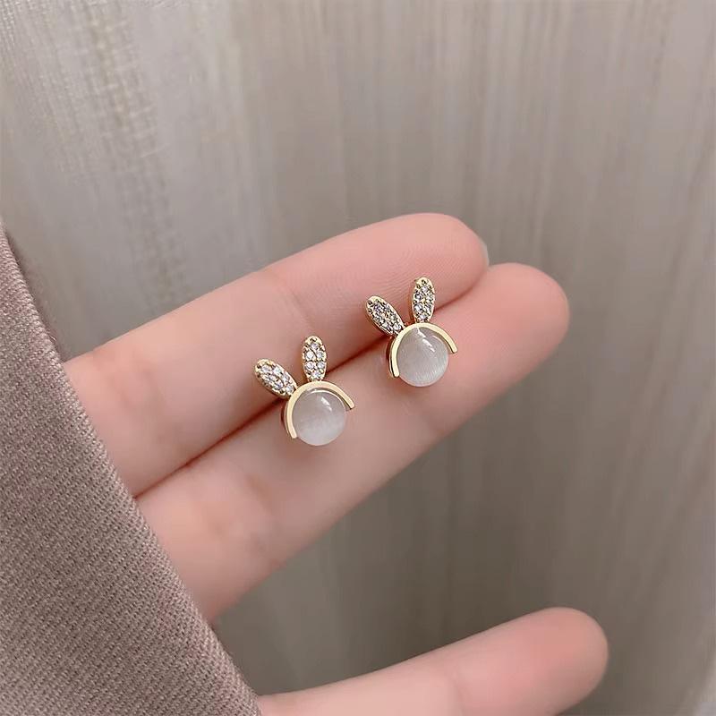 Delicate Small Cat Eye Stone Rabbit Earrings S925 Silver Pin Elegant Jewelry For Women