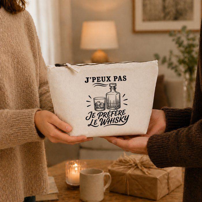 Trousse de toilette - PLANETEE - J’peux pas je préfère le Whisky - 100% coton beige - 3 L - zip métal