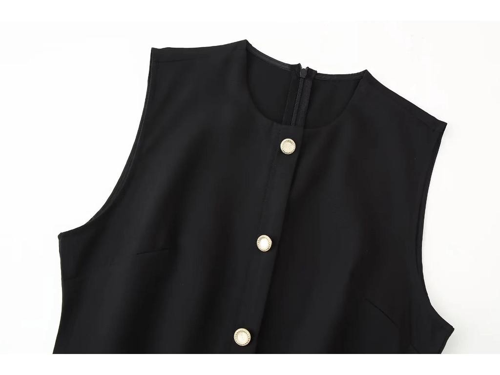 European and American Women's Sleeveless Belted Midi Dress - Chic, Round Neck Style