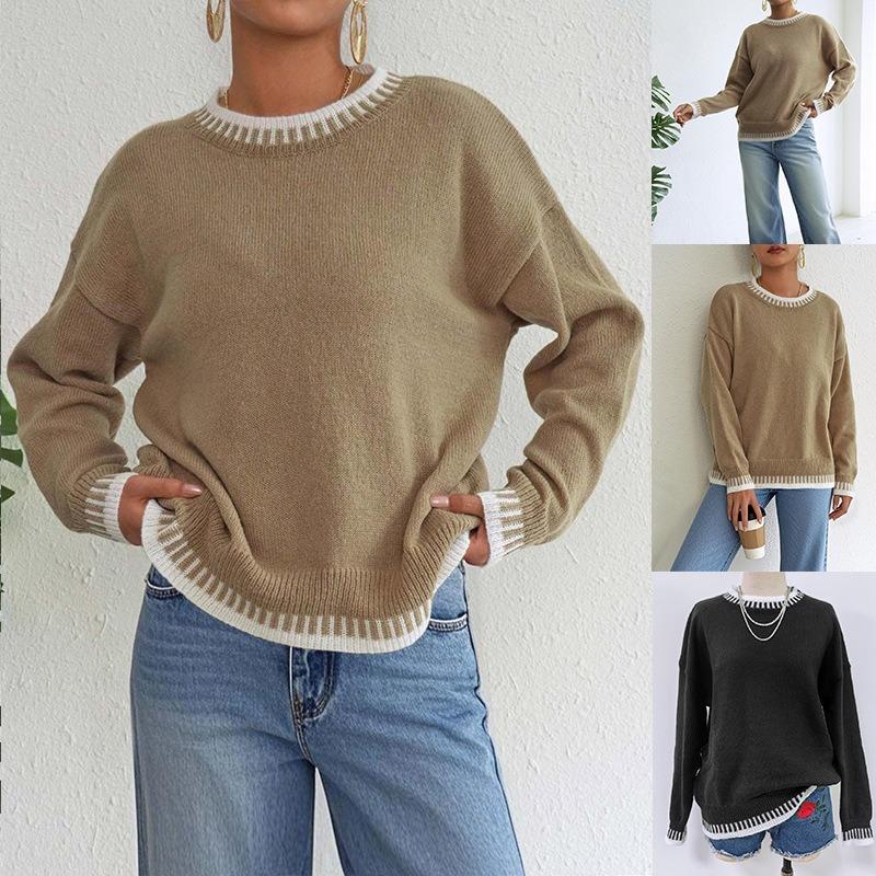 Women S Casual Loose Pullover Sweater Round Neck Long Sleeve Color Block