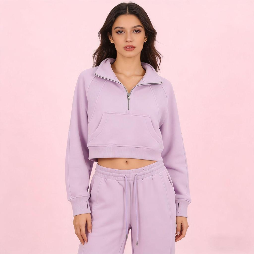 LULU Gold Label Stand Collar Half-Zip Loose Sweatshirt & Sweatpants Plush Set