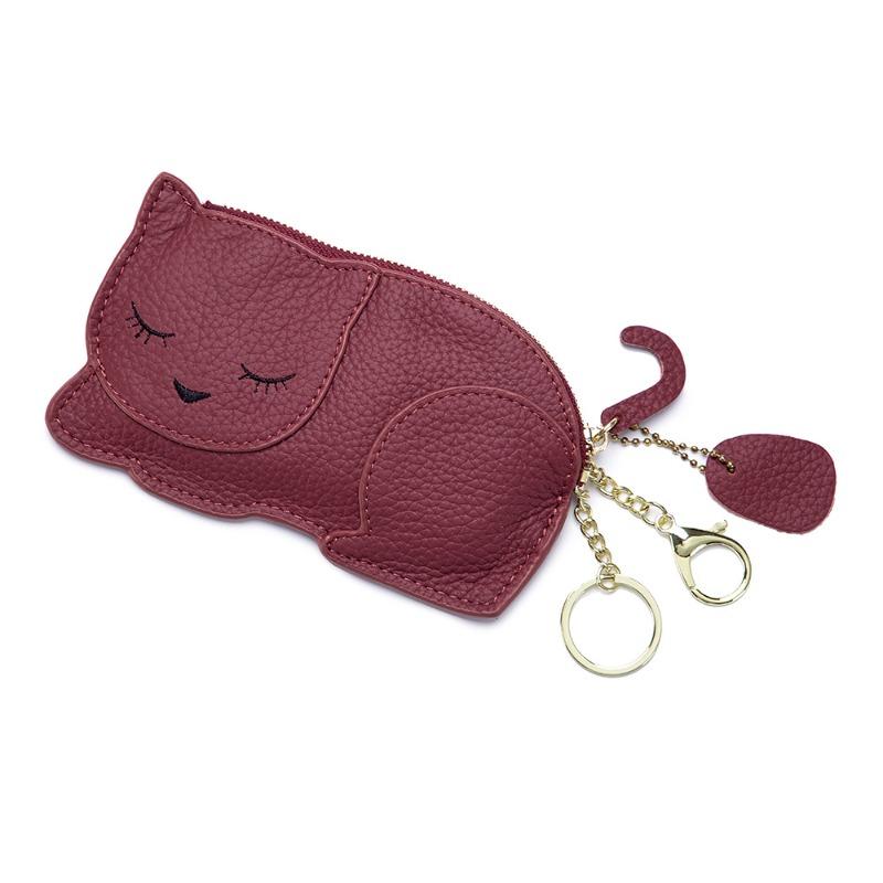 Cute Internet celebrity cat ultra-thin change bag, live stream supply Internet celebrity genuine leather key bag, mini coin bag ins бордовый