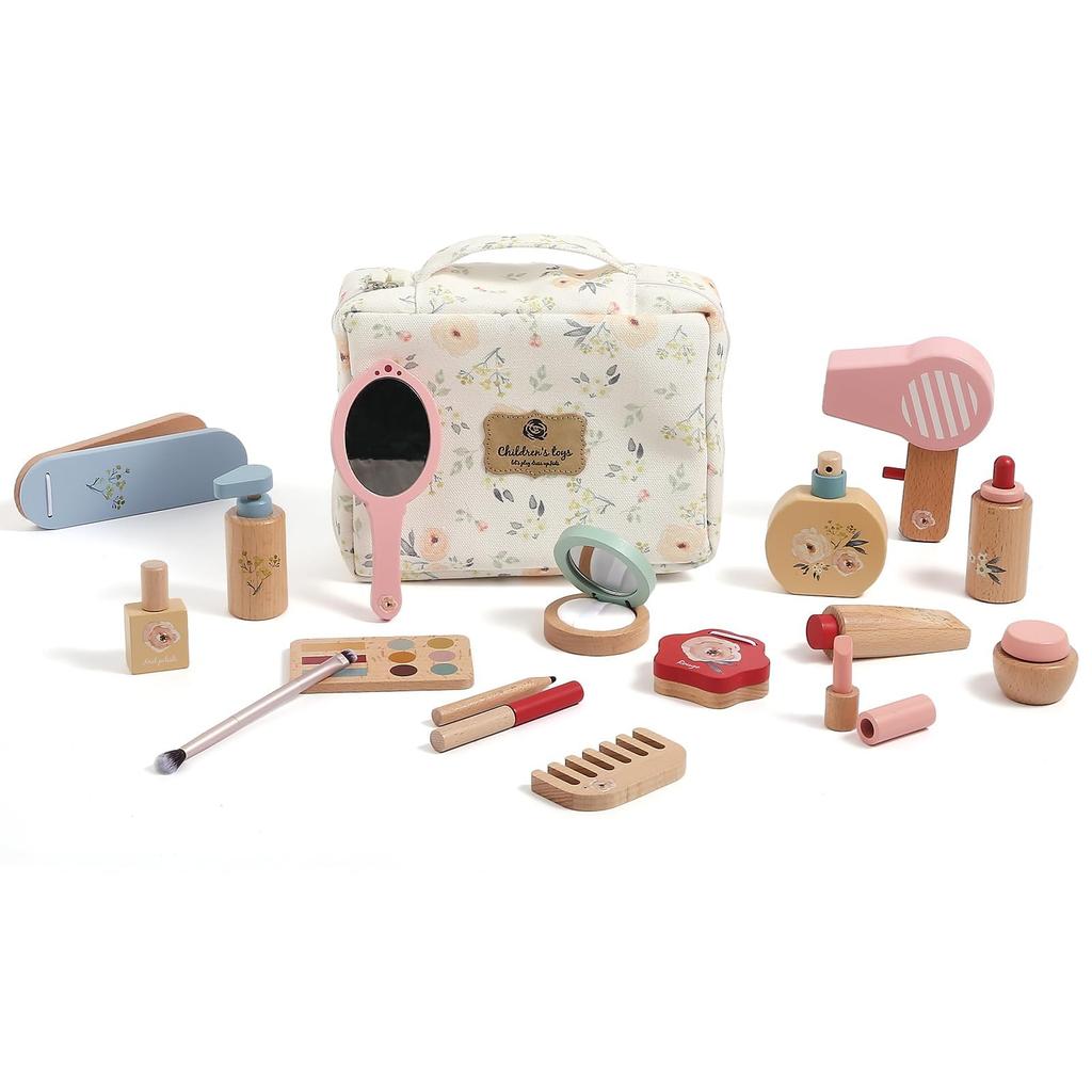 Wooden Teether Makeup Wooden Makeup Pretend Play Makeup Beauty Salon 19 Ages Easy Pretend Birthday Gift Set, Toy, Cosmetics, Pouch, Kids' Set, Toy,