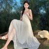 Elegant Off-Shoulder Backless Maxi Dress Women Floral Jacquard Lightweight Vacation In Beige Loose Waist Sleeveless 2025 New Arrival