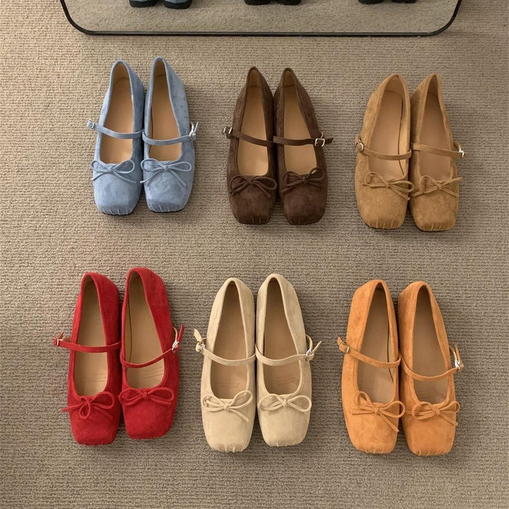 Suede Square Head Single Shoes Women's Spring and Autumn New Bow Commuter Flat Mary Jane Shoes