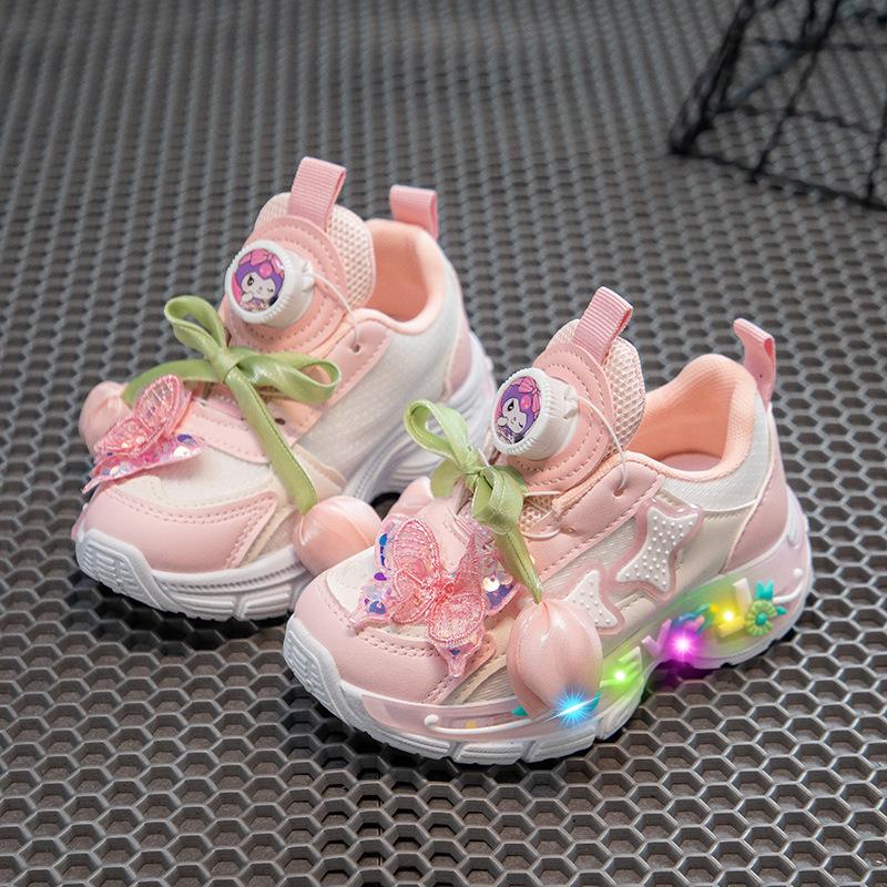 Autumn girls' mesh princess shoes, children's light-up breathable sneakers, girls' twist-button dad shoes
