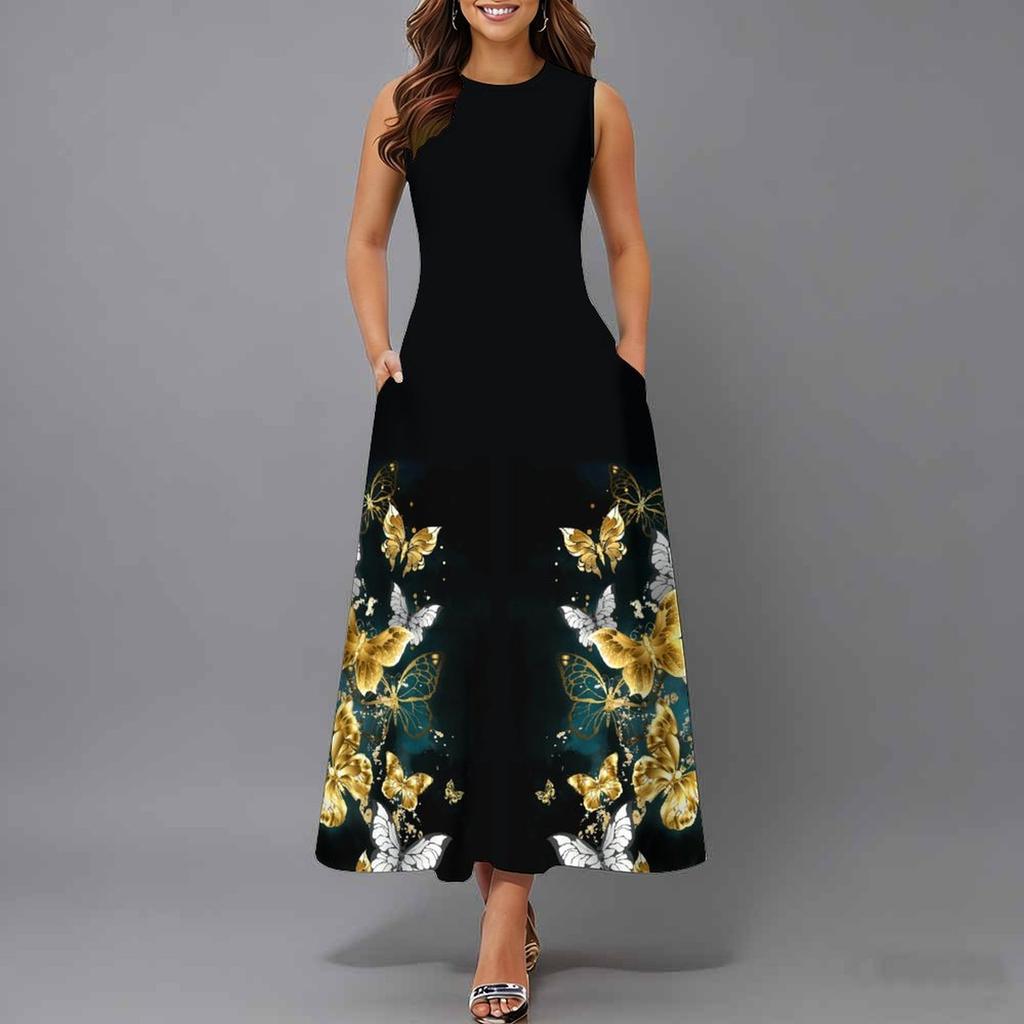 Plus Size Women Sleeveless Round Neck Dress Fresh Tiny Ditsy Floral Flowy Mid Length Gown