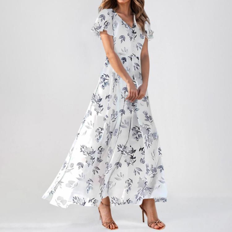 Elegante Lässige Blumen-Maxikleider für Damen Sommer Hochzeitsgast Chiffon Fließend Kurzarm Niedliche Kleider