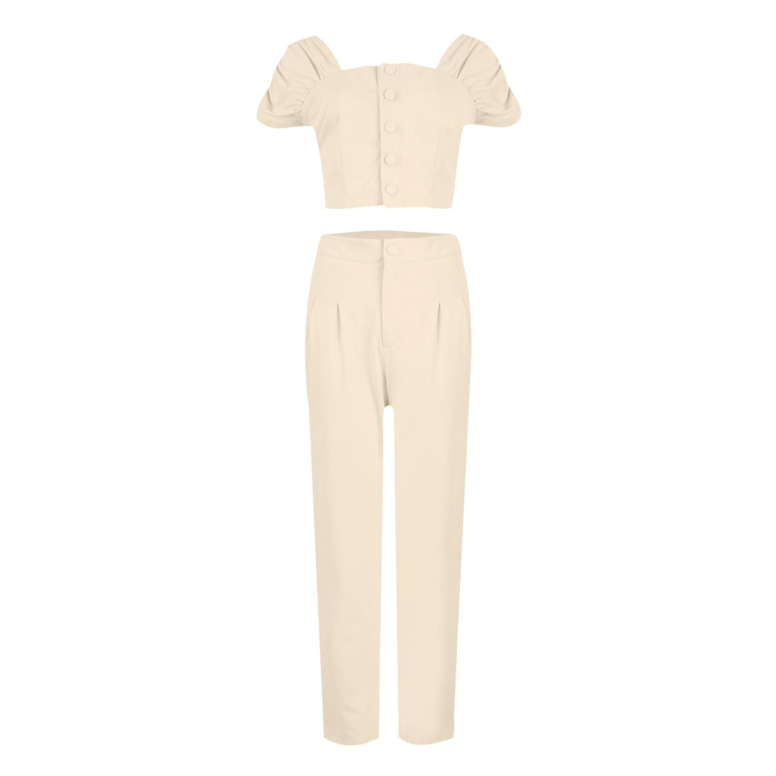 

Женская мода, повседневный темпераментный однотонный костюм с короткими рукавами и длинными брюками, женская одежда L бежевый