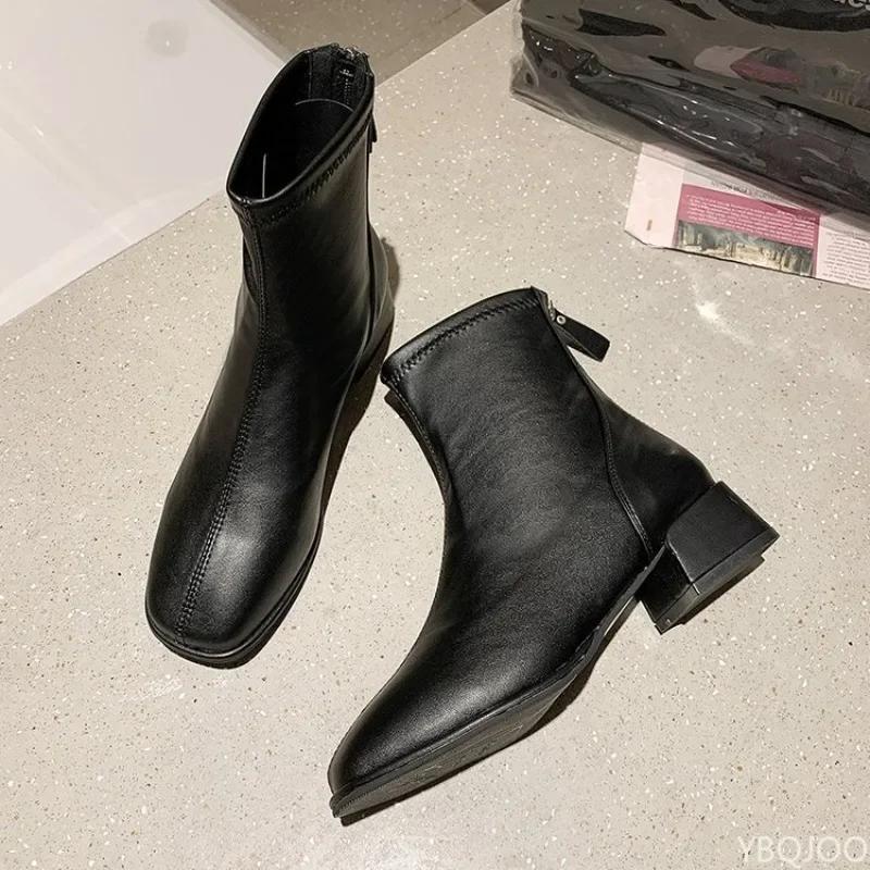 2025 Autumn/Winter New Square Zipper Women's Retro Short Boots with Middle Heel and Ankle Fashion Elastic Socks Women's Boots