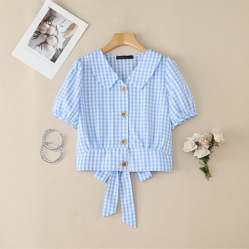 

ZANZEA Women Summer Turn Down Collar Short Sleeve Plaid Print Blouse L синий