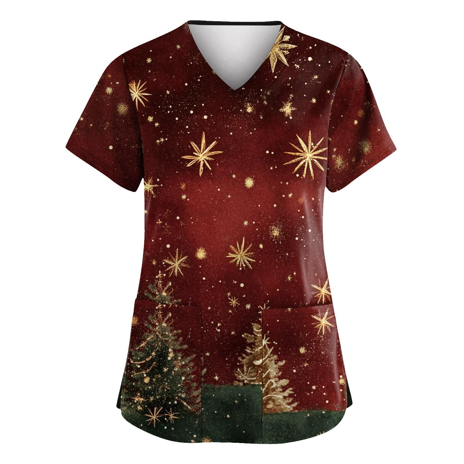 

Женская рождественская печатная рабочая униформа с V-образным вырезом и карманом, защитная униформа XXXL винный