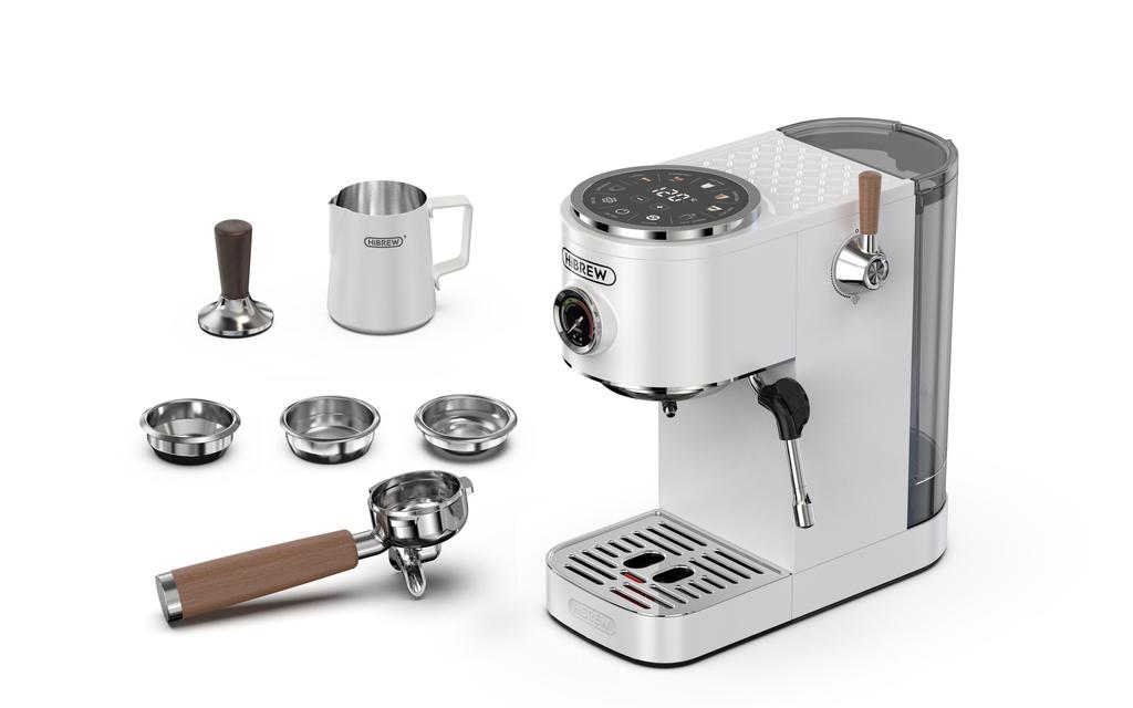 HIBREW H13 Poloautomatický kávovar na espresso s 20 bary, duální regulací teploty, dvěma bojery, velkým dotykovým displejem a parní tryskou z masivního dřeva.