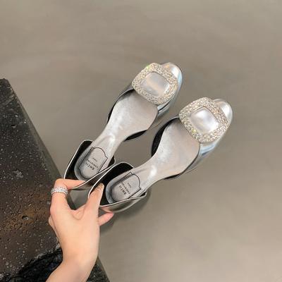 Schuhe runder Kopf eckige Schnalle Strass Seidensatin flacher Boden hohle Einzelne Schuhe Frauen
