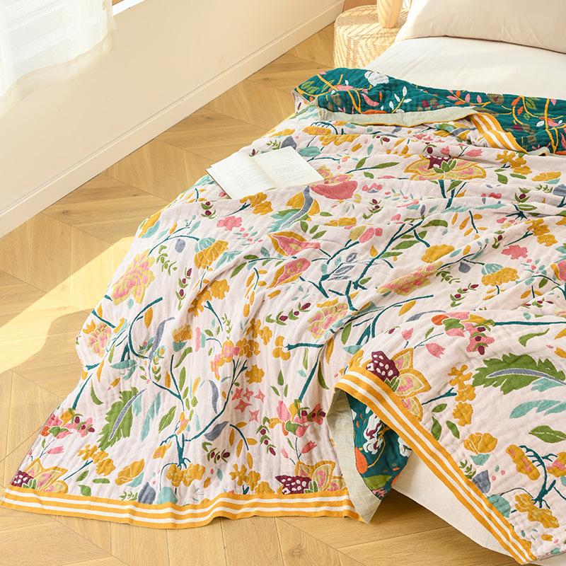 100% Cotton Blanket, Fresh Floral Bed Sheet, Four-Ply Gauze Sheet, Reversible