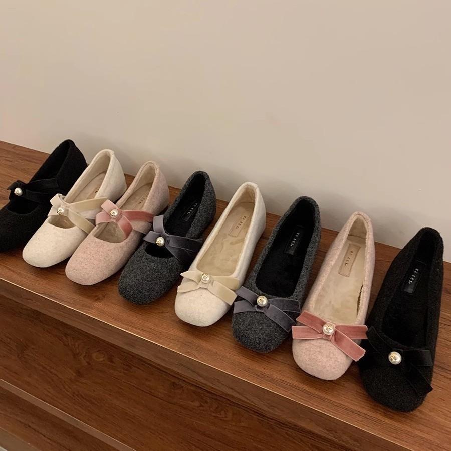 Gentle little fragrant Mary Jane shoes winter 2025 French gentle fairy inner heightening bow velvet single shoes