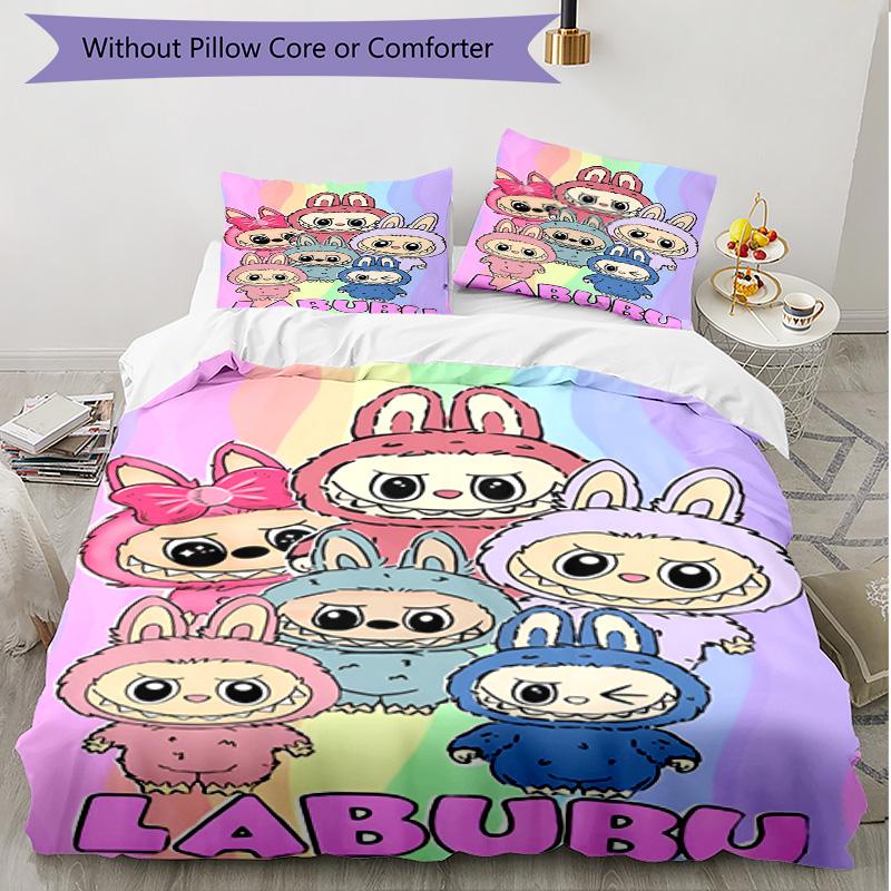 3-teiliges Bettbezug-Set (1 * Bettbezug + 2 * Kissenbezug, ohne Kern), Labubu Print Weiches Ganzjahres-Bettwäscheset, Heim-Schlafzimmer-Dekoration Geschenk