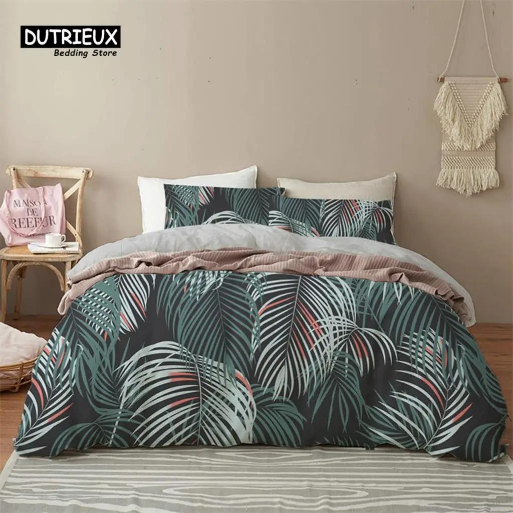 Green Palm Leaf Floral Bedding Set Tropical Leaves Flowers Animals Duvet Cover Microfiber Comforter Cover For Adults Kids Decor