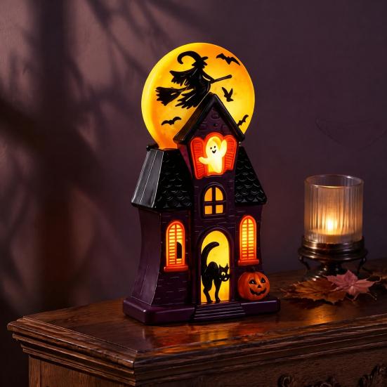 Witch Moon Glow Lanterns Halloween Haunted House Blow Mold Light, Vintage Pre-Lit Mansion Decor with Glowing Style Molded Ghost Black Cat, Indoor