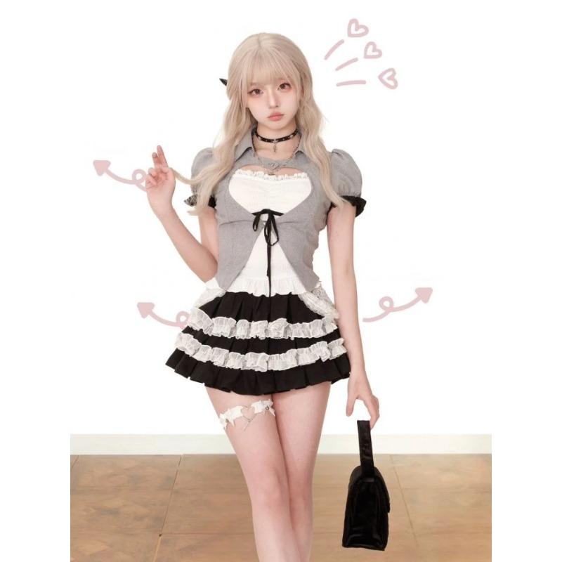 Japanese Style Kawaii 3 Piece Skirt Sets Women Sweet Tops + Casual Slim Vest + Cute Lace Mini Skirt 2000s Fashion Suit Hot Girls