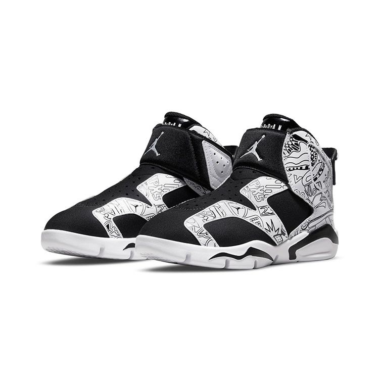 Jordan Air  6 Retro Little Flex SE Bequeme Trendige Colorblock High-Top Kinder Basketballschuhe Schwarz und Weiß Graffiti Kinder Sneaker DC4103-001