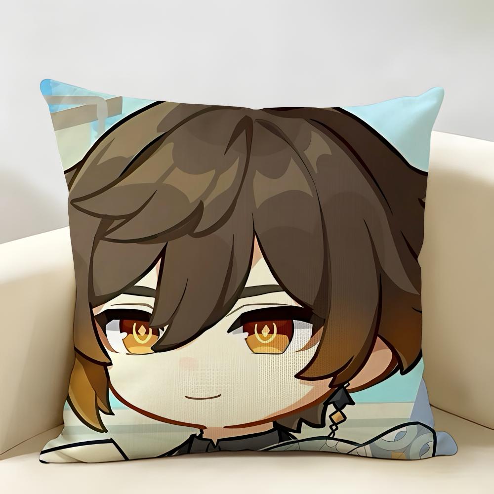 Zhongli Cute Genshin Impact Cushion Cover Natural Linen Organic Fabric DoubleSided Printing Room Sofa Decor Pillow Case