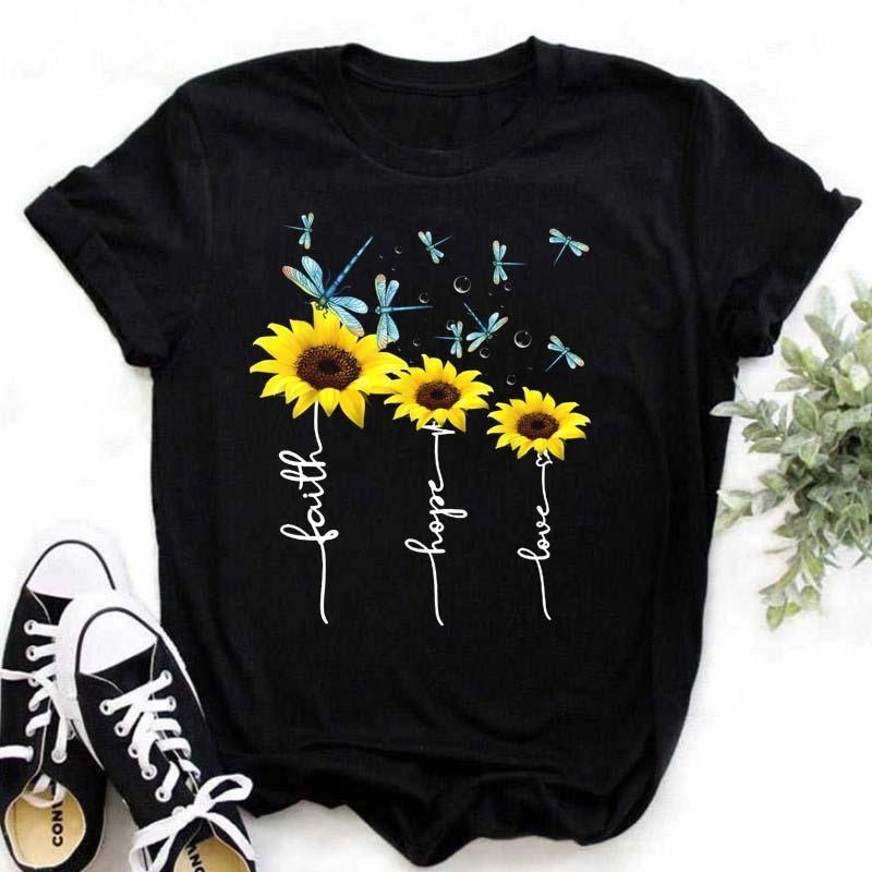 Women's T-shirt Casual Kawaii Sunflower Butterfly Pattern Print Tshirt Comfortable Casual Women's Clothing