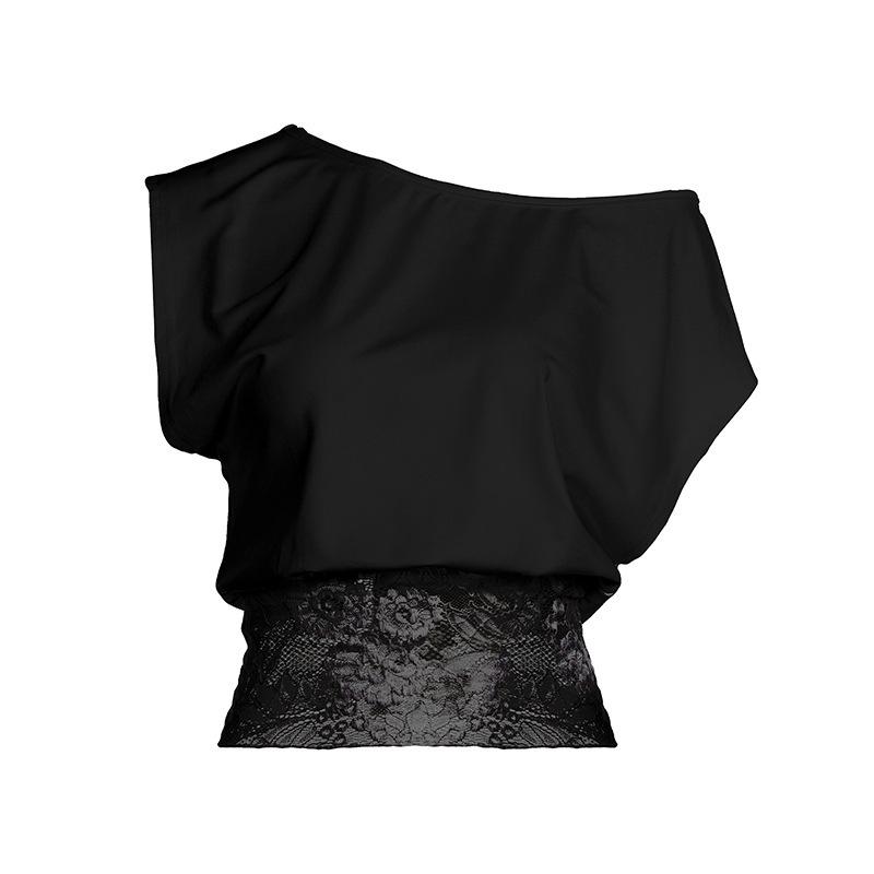 Элегантный европейский женский топ с одним плечом, кружевной пэчворк - Однотонная футболка, подчеркивающая талию Small