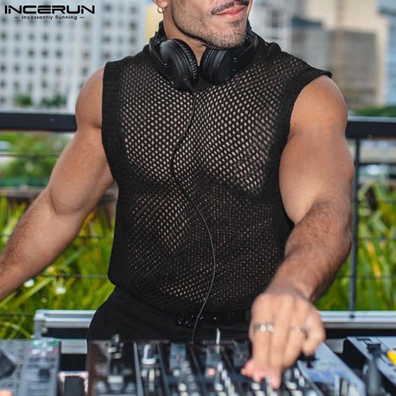 

INCERUN Летние мужские топы без рукавов с V-образным вырезом в сеточку и полые летние мышечные майки