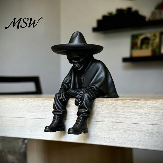 Spooky Aesthetic Office Ornaments 3D Printed Sitting Skeleton Shelf Sitter Figurine, Gothic Hat Desktop Figurines Ornament, Trendy Home Table