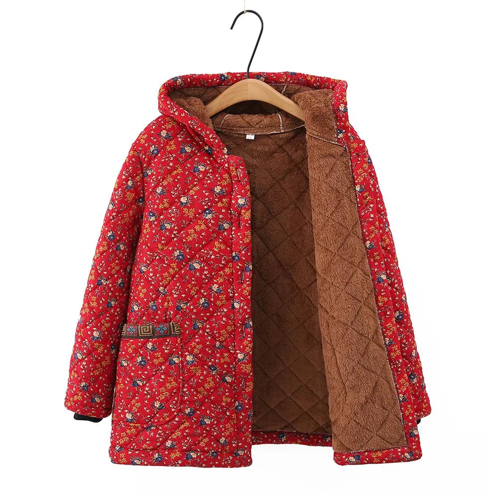 Women's Winter Plus Size Fleece-Lined Warm Coat Hooded Casual Jacket for Middle-Aged and Elderly Women
