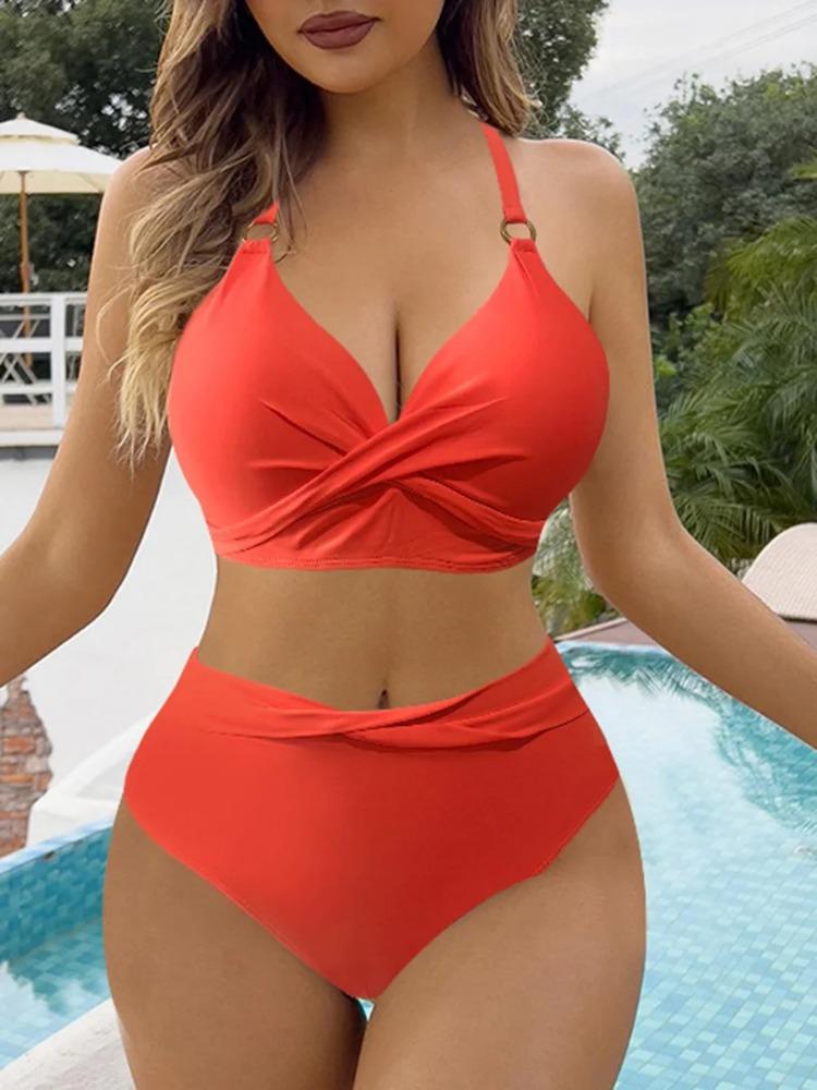 

2025 Cross Ring Link Двухсекционный бикини с высокой талией Женский купальник Женский купальник Купальники Купальный костюм Пляжная одежда Лето XL оранжевый