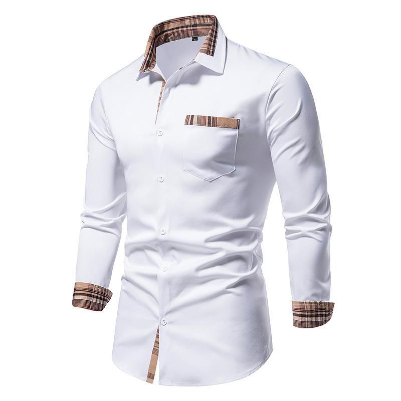 Camisa xadrez masculina casual primavera outono splice camisa de manga comprida masculina