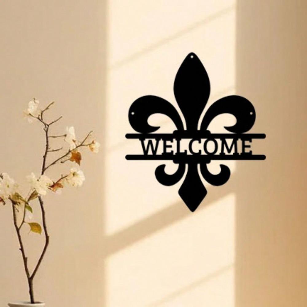 Wrought Iron Fleur de Lis Door Sign, Elegant Metal Wall Decor for Home Entrance, French Theme Cafe Boutique Art Hanging
